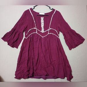 Entro Top Womens M Wine Purple Pullover Babydoll Tunic 3/4 Bell Sleeve Lace